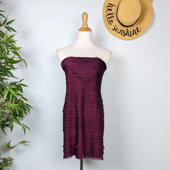 Alice + Olivia 100% Silk Strapless Layered Ruffle Dress M Burgundy Wine - Picture 2 of 10